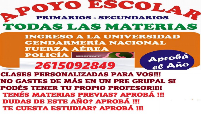APOYO ESCOLAR,TODAS LAS MATERIAS, TENÉ UN AÑO EN PAZ!!